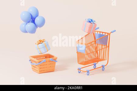 Shopping cart and gifts with yellow background, cartoon shopping theme, 3d rendering. Digital drawing. Stock Photo