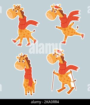 Collection stickers with winter giraffes. Cute animal skating, skiing, winter sports. Vector illustration. Funny character giraffe in cartoon style fo Stock Vector