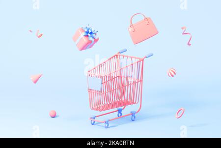 Shopping cart and gifts with blue background, cartoon shopping theme, 3d rendering. Stock Photo