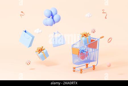 Shopping cart and gifts with yellow background, cartoon shopping theme, 3d rendering. Digital drawing. Stock Photo