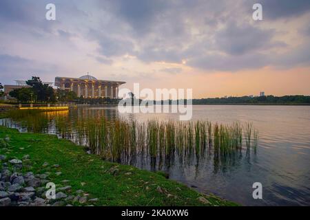 Reflection of beautiful Iron Mosque during blue hour Stock Photo