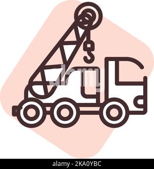 Construction crane truck, illustration or icon, vector on white background. Stock Vector
