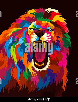 illustration colorful lion head with pop art style Stock Vector