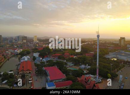 MALACCA, MALAYSIA - February 11, 2018; Aerial view of Taming Sari Tower at Malacca city during sunrise Stock Photo