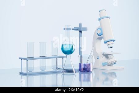 Microscope and glassware on the desk in the lab, 3d rendering. Digital ...
