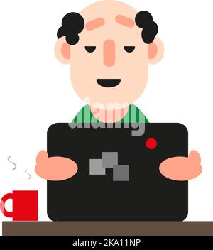 Man in front of a computer and coffee, illustration or icon, vector on white background. Stock Vector