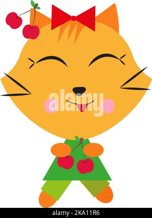 Kitty with cherries, illustration or icon, vector on white background. Stock Vector