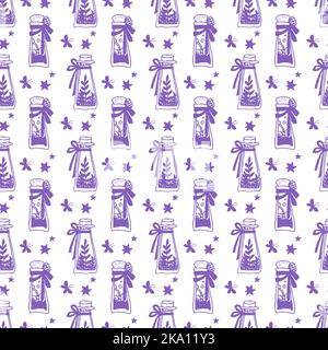 Magic concept vector seamless pattern. Seamless pattern of stars, potion bottles and moths. Stock Vector