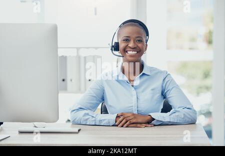 Call center, smile and portrait of black woman at desk for ecommerce, help and customer support. Happy, receptionist and consulting with employee with Stock Photo
