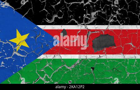 3D Flag of South Sudan on an old stone wall background. Stock Photo