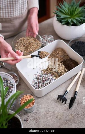 soil substrate preparation for transplanting houseplants on concrete background Stock Photo