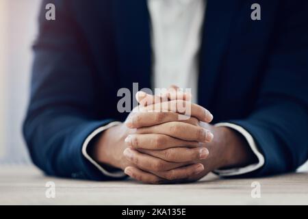 Hands, businessman and ready for company job interview with human resources manager, recruitment agent or hiring consultant. Zoom, ceo and hr Stock Photo