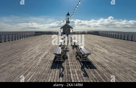 A view of the the wooden deck of the Victorian Pier in Penarth Stock Photo