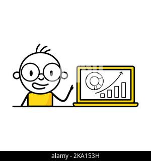 Man analyzes chart and graph data, working with data visualization on computer. Digital data analysis concept. Vector stock illustration. Stock Vector