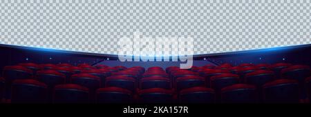 Cinema hall with audience seats and blank panoramic screen with transparent background. Template of movie theater auditorium interior with rows of red chairs, vector cartoon illustration Stock Vector