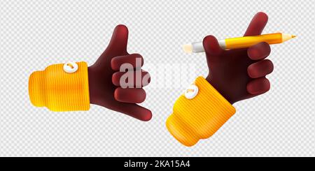 3d render black hand gestures hang loose or shaka and palm holding wooden pencil. African person arm writing, communication, body language signs isolated Vector illustration in cartoon plastic style Stock Vector