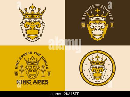 Vintage art illustration design of a apes head wearing crown Stock Vector