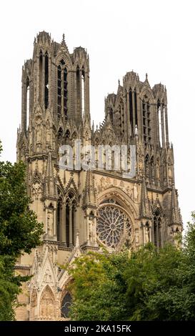 Reims, France- 13 September, 2022: exterior view of the two spires of the Reims Cathedral Stock Photo