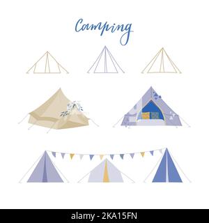 Camping vector illustrations. Boho tent, line tipi for web about summer camp, nature rest. Stock Vector