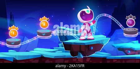 Game level map with alien planet landscape with platforms with spaceman and numbers of stages. Cosmic landscape with ice or blue crystals and boy astronaut, vector cartoon game background Stock Vector