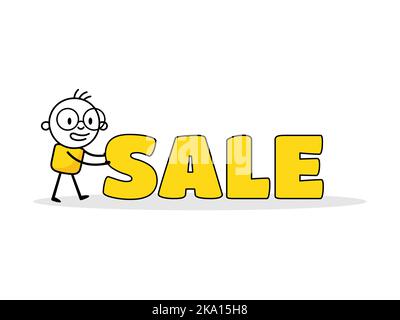 Man pushing a big word sale. Business, marketing and advertising concept. Vector stock illustration. Stock Vector