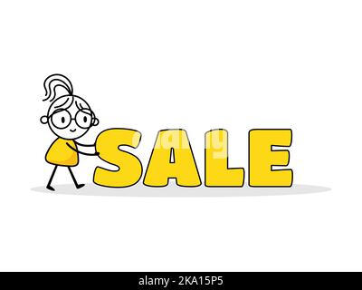 Woman pushing a big word sale. Business, marketing and advertising concept. Vector stock illustration. Stock Vector