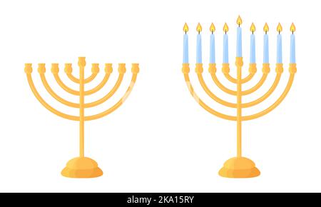 Hanukkah menorah empty and with lit candles. Set of traditional Jewish Hanukah symbol. Isolated golden chanukiah holder with nine candles on white bac Stock Vector