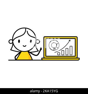 Woman analyzes chart and graph data, working with data visualization on computer. Digital data analysis concept. Vector stock illustration. Stock Vector
