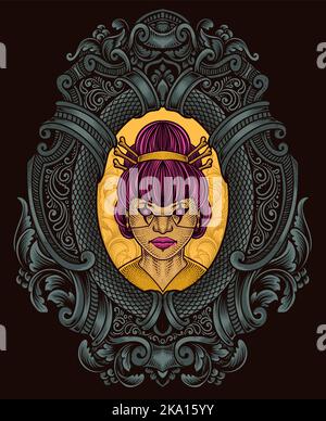 illustration geisha lady with engraving ornament frame Good for all clothing and merchandise product Stock Vector