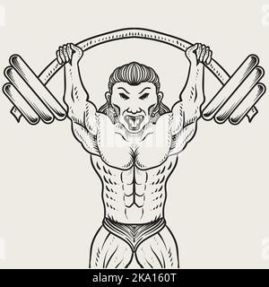 Illustration bodybuilder lifting a very heavy barbell black and white color Stock Vector