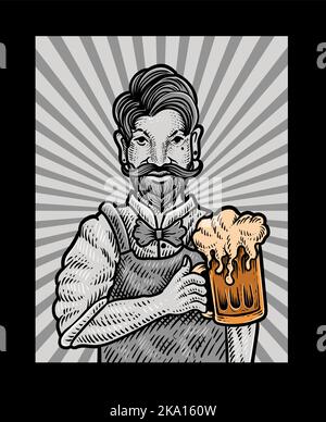 Illustration vintage bartender with hipster style Stock Vector