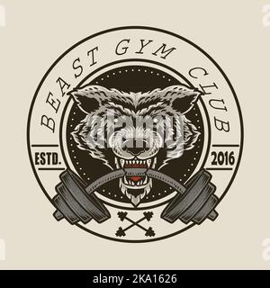 Fitness logo with wolf head biting barbell Stock Vector