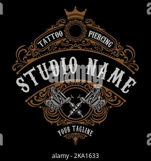 vintage tattoo studio logo with 2 tattoo machine Stock Vector