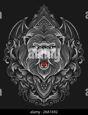 Illustration isolated lion head with engraving ornament Stock Vector