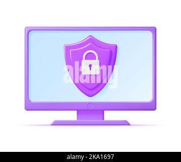 3D Desktop Computer with Shield Lock on the Screen Stock Vector