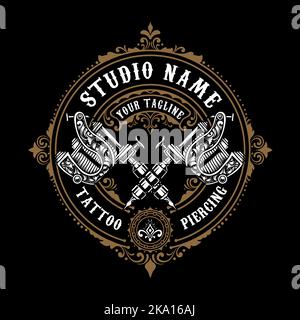 vintage tattoo studio logo with 2 tattoo machine Stock Vector