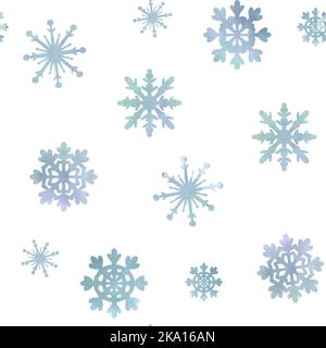 Watercolor snow seamless pattern. Hand drawn textured gradient blue snowflakes on white background. Beautiful classic snowflakes endless background. Stock Photo