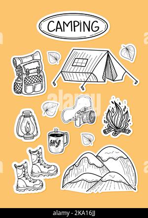 A set of camping-themed stickers, with hand-drawn doodle-style elements. Backpack, tent, boots, mountains, fire, etc. Items for tourism and recreation Stock Vector