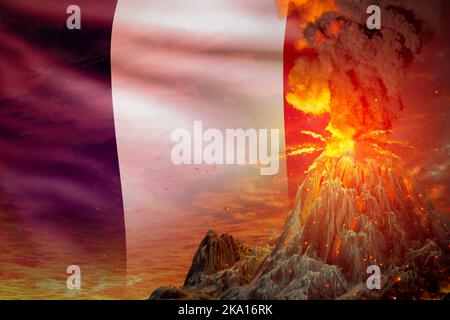 high volcano blast eruption at night with explosion on France flag background, troubles because of eruption and volcanic earthquake conceptual 3D illu Stock Photo