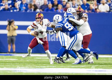 October 30, 2022: Washington Commanders quarterback Taylor Heinicke (4)  passes the ball during NFL game against the Indianapolis Colts in  Indianapolis, Indiana. John Mersits/CSM/Sipa USA.(Credit Image: © John  Mersits/Cal Sport Media/Sipa USA