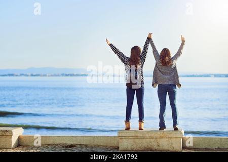 Enjoying the ocean view. Rearview shot of two attractive young women spending a day by the ocean. Stock Photo