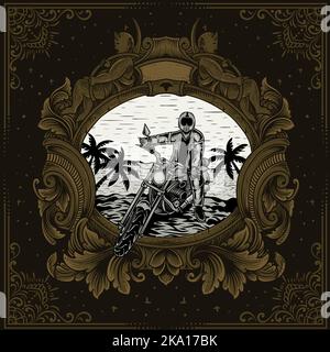 illustration ridding on beach with engraving ornament Stock Vector