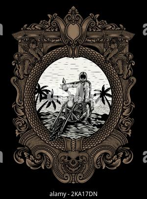 illustration ridding on beach with engraving ornament Stock Vector