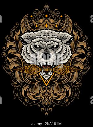 illustration wolf head with engraving ornament Stock Vector