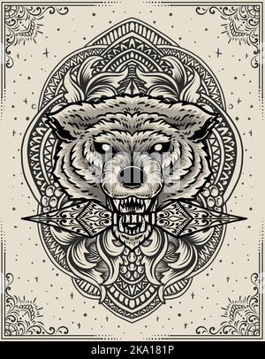 illustration wolf head with engraving ornament Stock Vector