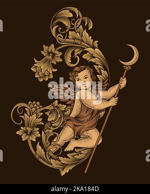 illustration cupid angel with engraving ornament antique style Stock Vector