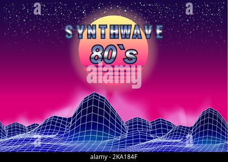 Synthwave 80 s retro banner vaporwave aesthetic background. Mountains grid 3d, sunset retrowave Stock Vector
