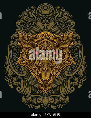 illustration wolf head with engraving ornament style Stock Vector