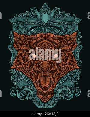 illustration wolf head with engraving ornament style Stock Vector