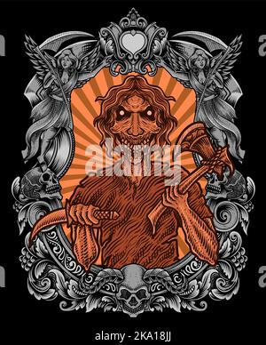 isolated scary zombie with engraving ornament frame Stock Vector